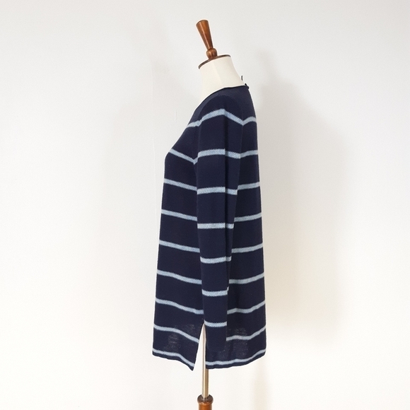 FINAL ⬇️ Eileen Fisher | Merino Blend Striped Bateau Neck Top in Navy - Picture 3 of 7